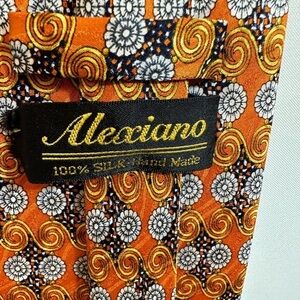 Alexiano Mens Necktie 100% Silk Hand Made Neckwear Tie Knot Orange Sliver Black